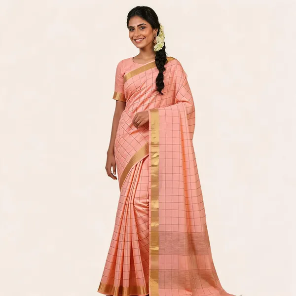 Peach_Semi_Tussar_Check_Saree_For_Women