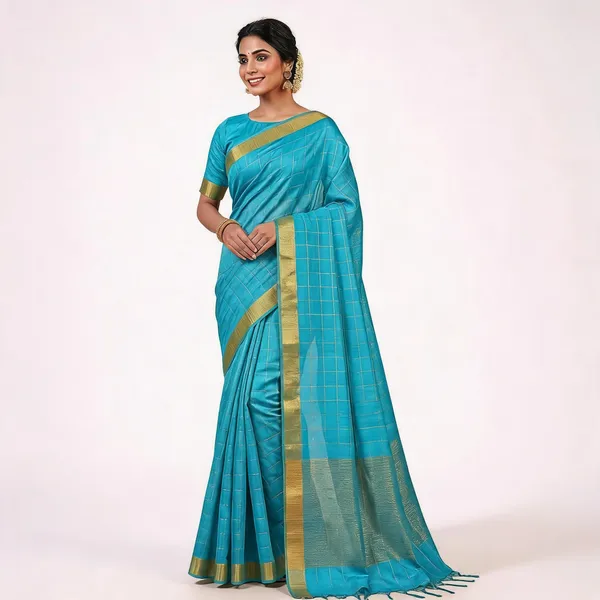 Blue_Semi_Tussar_Check_Saree_For_Women