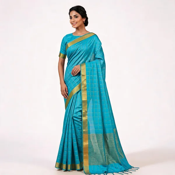 Blue_Semi_Tussar_Check_Saree_For_Women