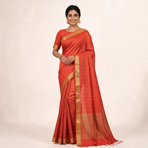 Red_Semi_Tussar_Check_Saree_For_Women