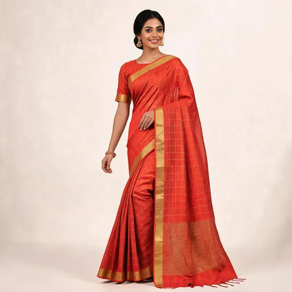 Red_Semi_Tussar_Check_Saree_For_Women