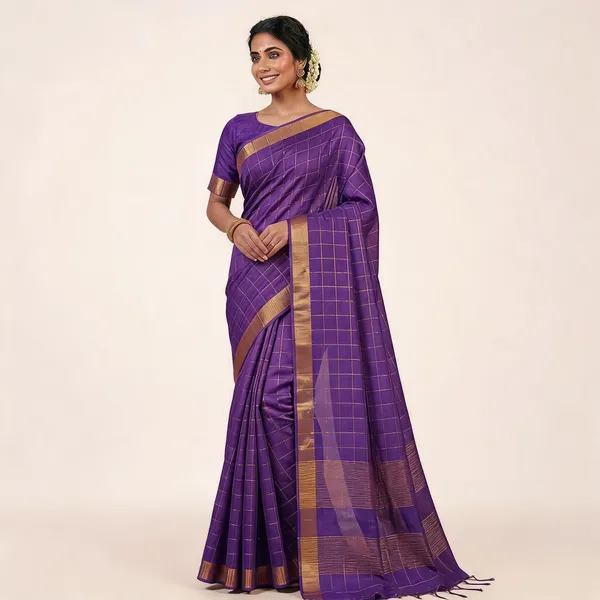 Purple_Semi_Tussar_Check_Saree_For_Women