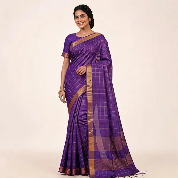 Purple_Semi_Tussar_Check_Saree_For_Women