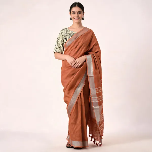 Rust_Brown_50%_Cotton_And_50%_Linen_Saree_For_Women
