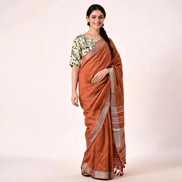 Rust_Brown_50%_Cotton_And_50%_Linen_Saree_For_Women