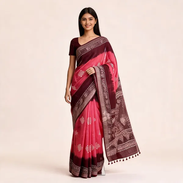 Maroon_Cotton_Linen_Batik_Print_Saree_For_Women