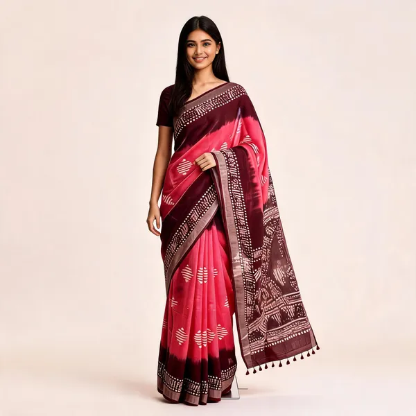 Maroon_Cotton_Linen_Batik_Print_Saree_For_Women