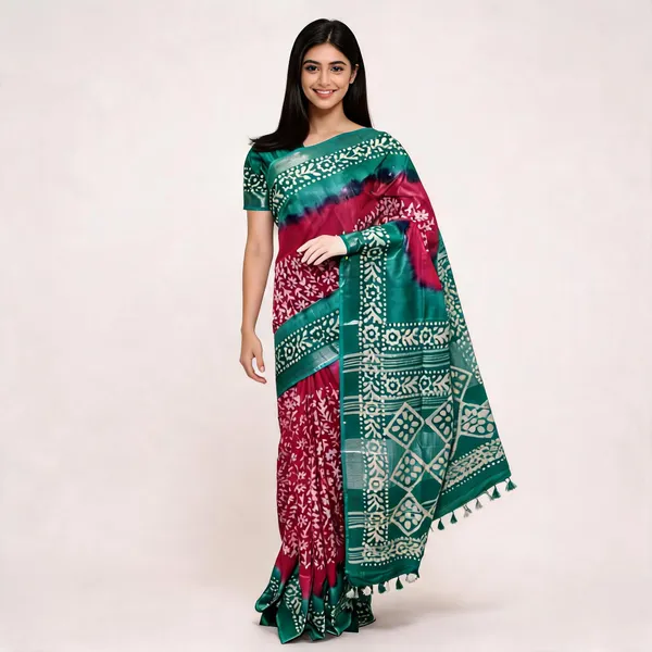 Teal_And_Magenta_Cotton_Linen_Batik_Print_Saree_For_Women