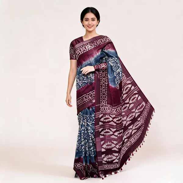 Maroon_Cotton_Linen_Batik_Print_Saree_For_Women