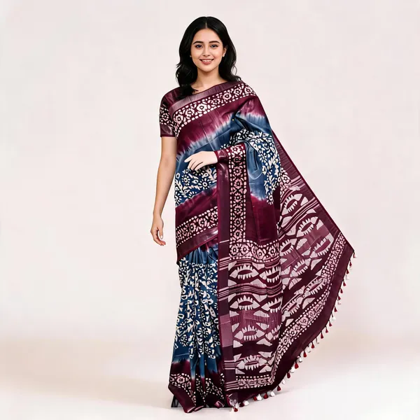 Maroon_Cotton_Linen_Batik_Print_Saree_For_Women