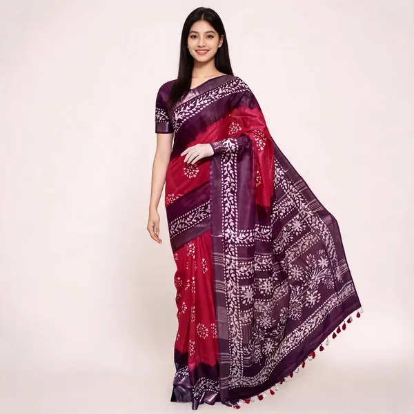 Red_And_Purple_Cotton_Linen_Batik_Print_Saree_For_Women