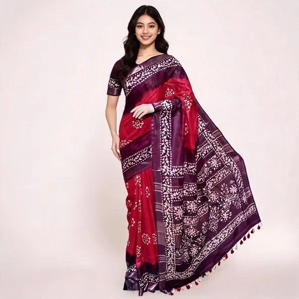 Red_And_Purple_Cotton_Linen_Batik_Print_Saree_For_Women