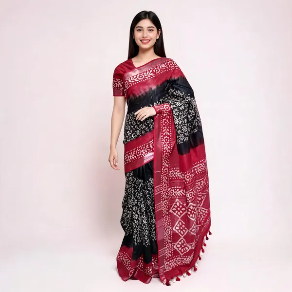 Maroon_Black_Cotton_Linen_Batik_Print_Saree_For_Women