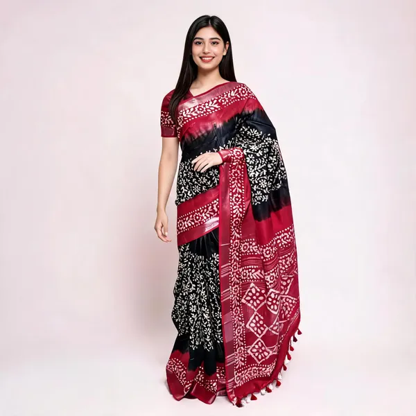 Maroon_Black_Cotton_Linen_Batik_Print_Saree_For_Women