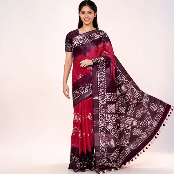 Maroon_Purple_Cotton_Linen_Batik_Print_Saree_For_Women