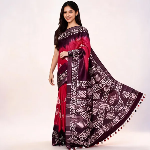 Maroon_Purple_Cotton_Linen_Batik_Print_Saree_For_Women