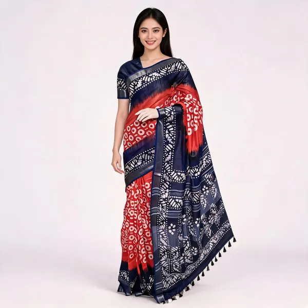 Navy_Blue_And_Red_Cotton_Linen_Batik_Print_Saree_For_Women