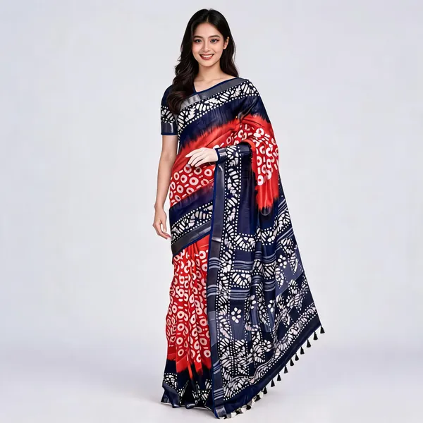Navy_Blue_And_Red_Cotton_Linen_Batik_Print_Saree_For_Women