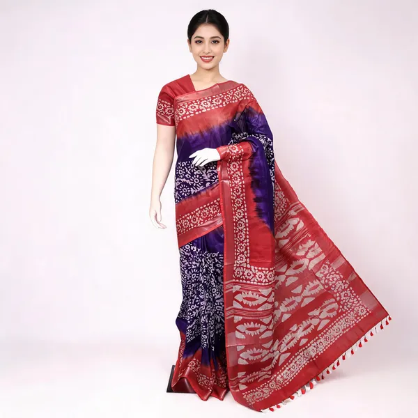 Red_And_Purple_Cotton_Linen_Batik_Print_Saree_For_Women