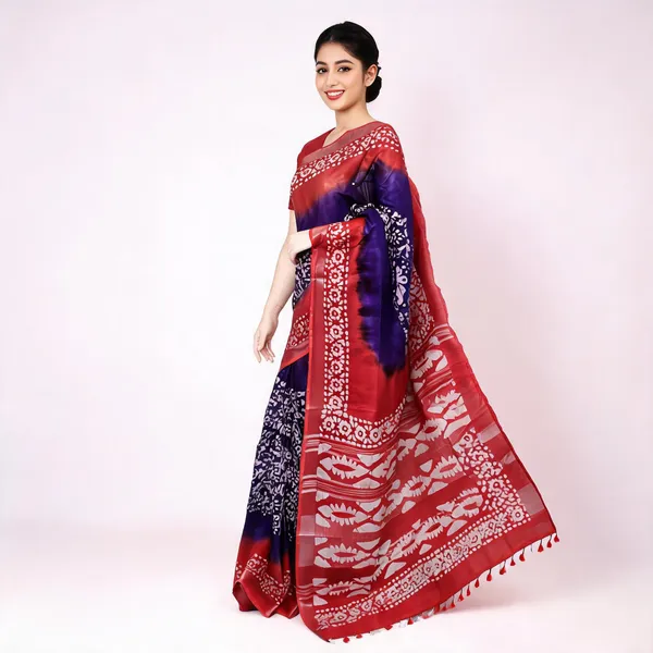 Red_And_Purple_Cotton_Linen_Batik_Print_Saree_For_Women