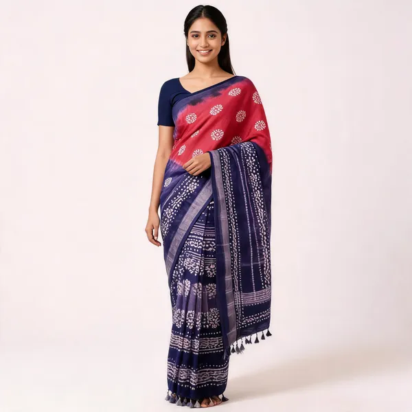Red_And_Navy_Cotton_Linen_Batik_Print_Saree_For_Women