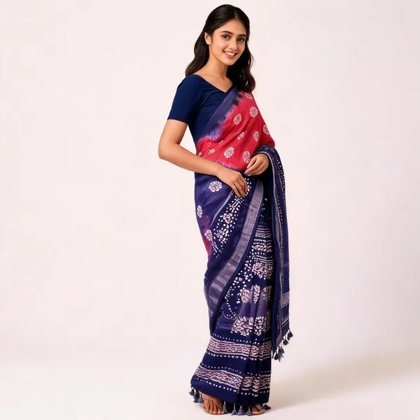 Red_And_Navy_Cotton_Linen_Batik_Print_Saree_For_Women