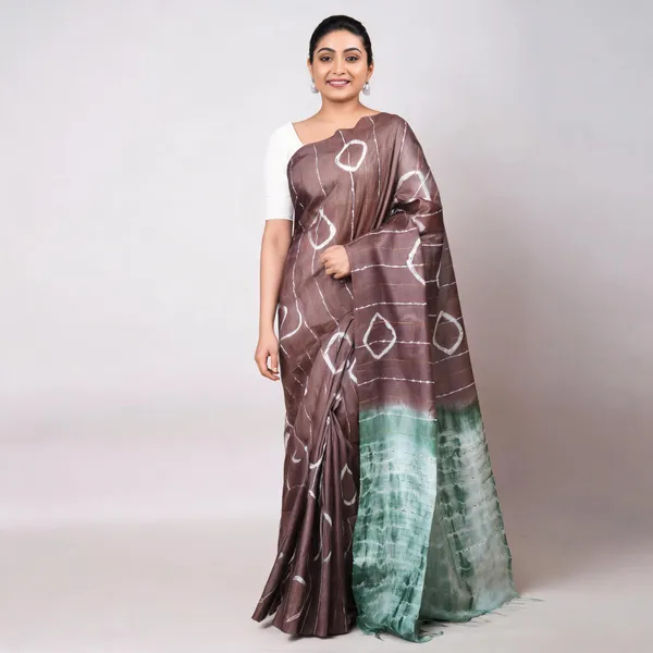 Brown_And_Mint_Green_Katan_Staple_Shibori_Saree_For_Women