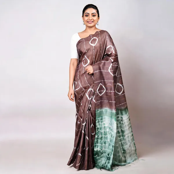 Brown_And_Mint_Green_Katan_Staple_Shibori_Saree_For_Women