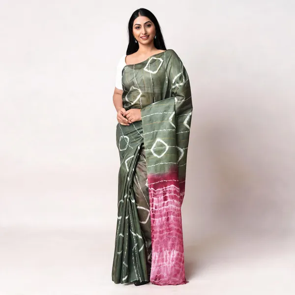 Olive_Green_Katan_Staple_Shibori_Saree_For_Women