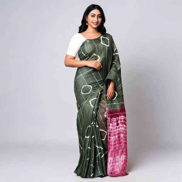 Olive_Green_Katan_Staple_Shibori_Saree_For_Women