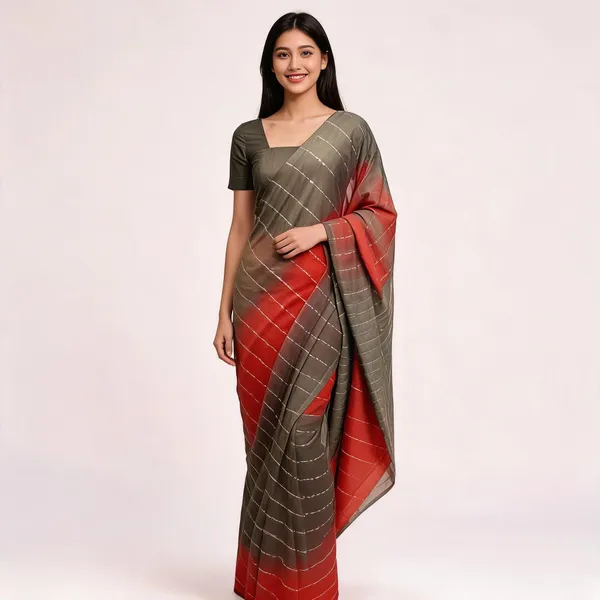 Grey_And_Red_Malwari_Cotton_Ghicha_Stripe_Saree_For_Women