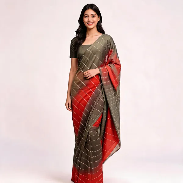Grey_And_Red_Malwari_Cotton_Ghicha_Stripe_Saree_For_Women