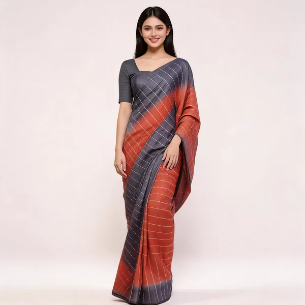 Black_And_Rust_Malwari_Cotton_Ghicha_Stripe_Saree_For_Women