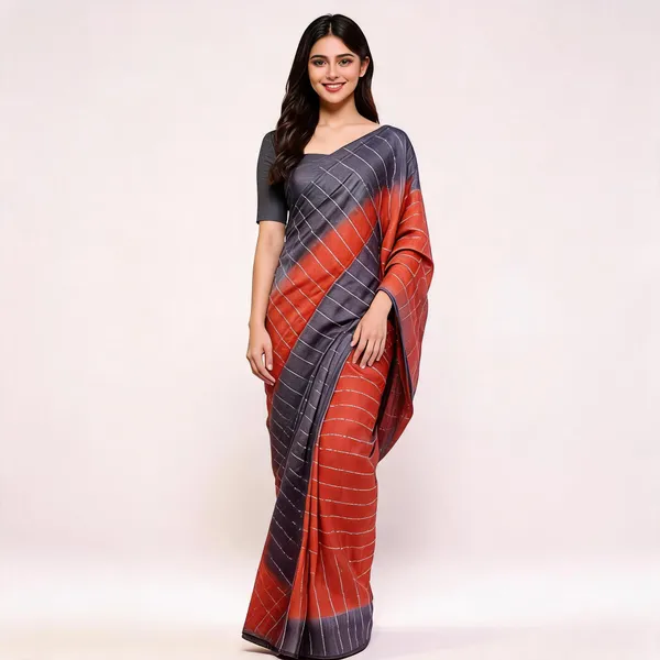 Black_And_Rust_Malwari_Cotton_Ghicha_Stripe_Saree_For_Women