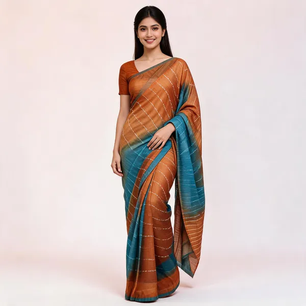 Brown_And_Teal_Malwari_Cotton_Ghicha_Stripe_Saree_For_Women