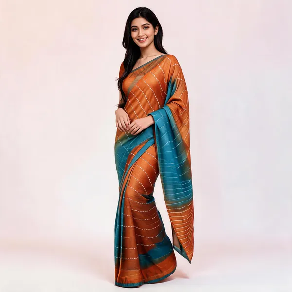 Brown_And_Teal_Malwari_Cotton_Ghicha_Stripe_Saree_For_Women