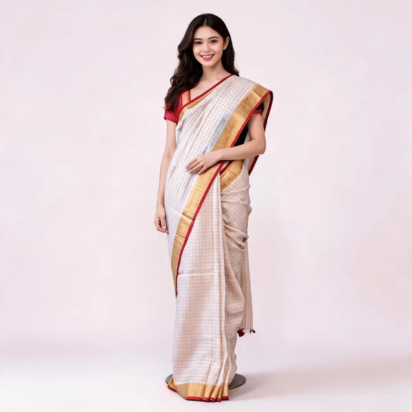 Ivory_Pure_Linen_Mini_Check_Saree_For_Women