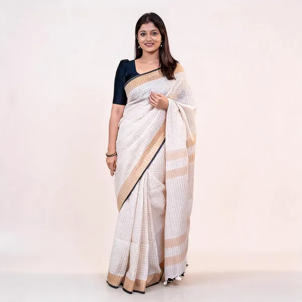 Ivory_Pure_Linen_Mini_Check_Saree_For_Women