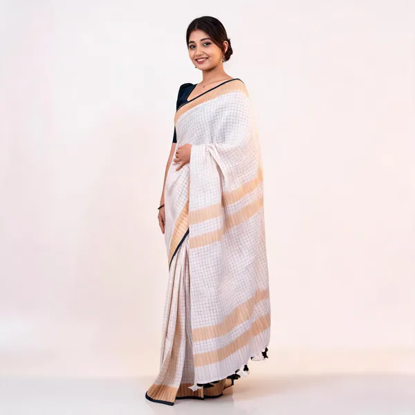 Ivory_Pure_Linen_Mini_Check_Saree_For_Women