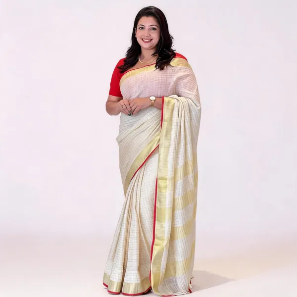 Cream_Pure_Linen_Mini_Check_Saree_For_Women