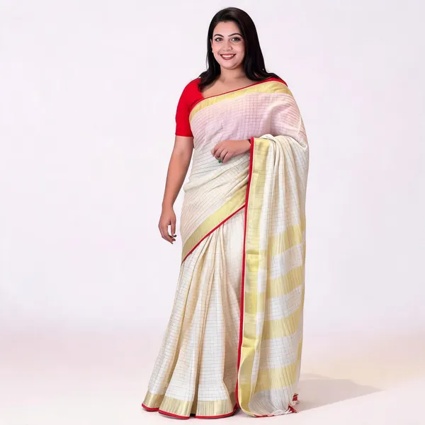 Cream_Pure_Linen_Mini_Check_Saree_For_Women