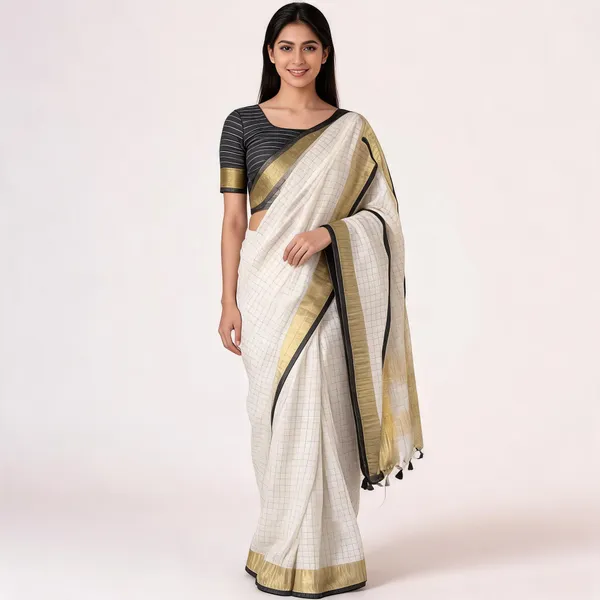 Off_White_Pure_Linen_Mini_Check_Saree_For_Women