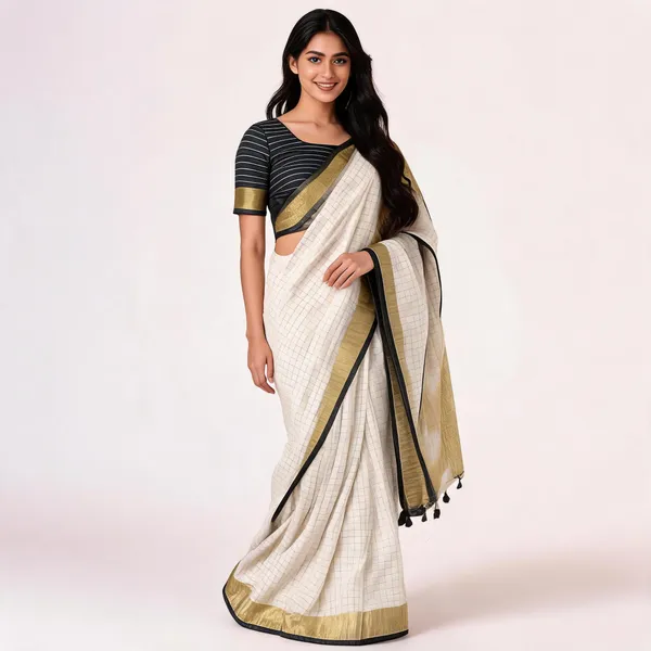 Off_White_Pure_Linen_Mini_Check_Saree_For_Women