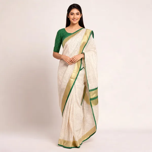 Off_White_Pure_Linen_Mini_Check_Saree_For_Women