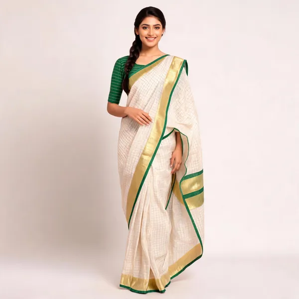 Off_White_Pure_Linen_Mini_Check_Saree_For_Women