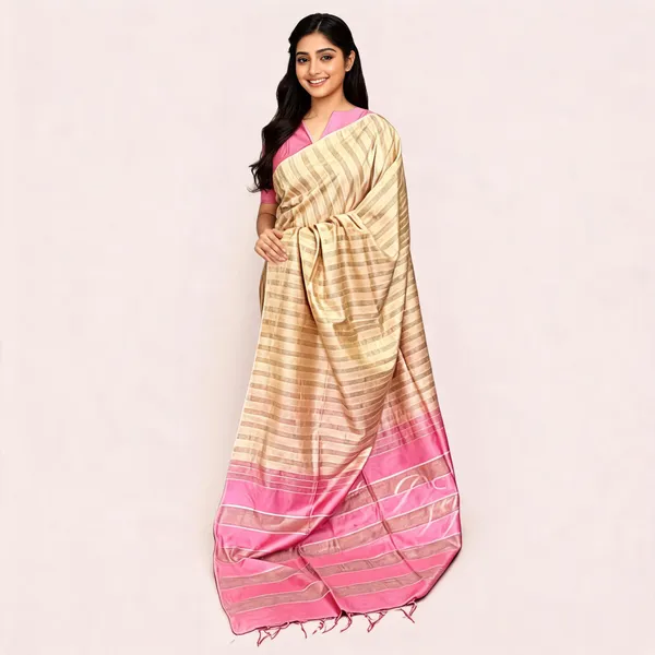 Beige_And_Pink_Bhagalpuri_Stripe_Silk_Saree_For_Women