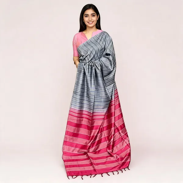 Grey_And_Pink_Bhagalpuri_Stripe_Silk_Saree_For_Women