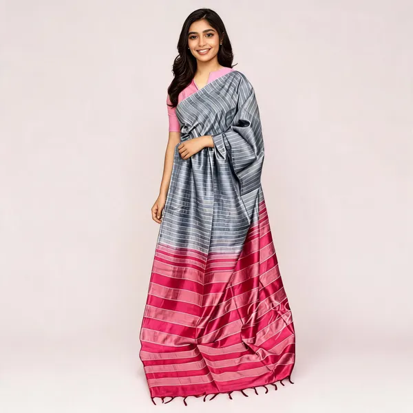 Grey_And_Pink_Bhagalpuri_Stripe_Silk_Saree_For_Women