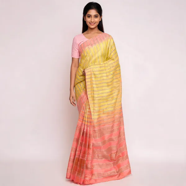 Yellow_And_Pink_Bhagalpuri_Stripe_Silk_Saree_For_Women