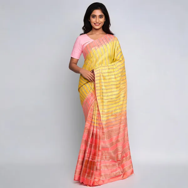 Yellow_And_Pink_Bhagalpuri_Stripe_Silk_Saree_For_Women